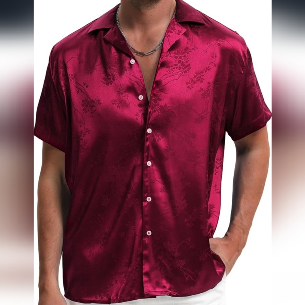 Men's Burgundy Hawaiian Satin Short Sleeve Shirt